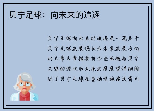 贝宁足球：向未来的追逐